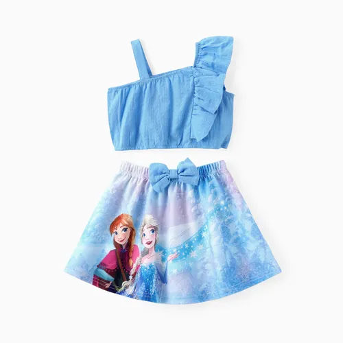 Disney Frozen Toddler Girls 2pcs Personnage Imprimé Bowknot Épaules Dénudées Manches Volantées Top avec Jupe Ensemble