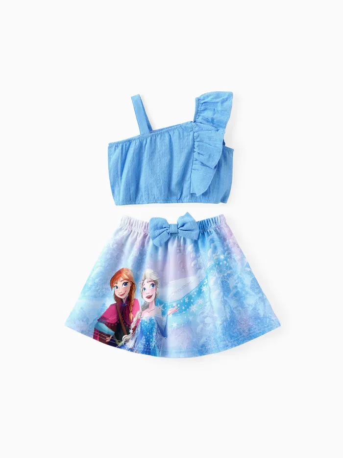 Disney Frozen Toddler Girls 2pcs Estampado de Personajes Bowknot Off-shoulder Ruffled Sleeve Top con Conjunto de Falda