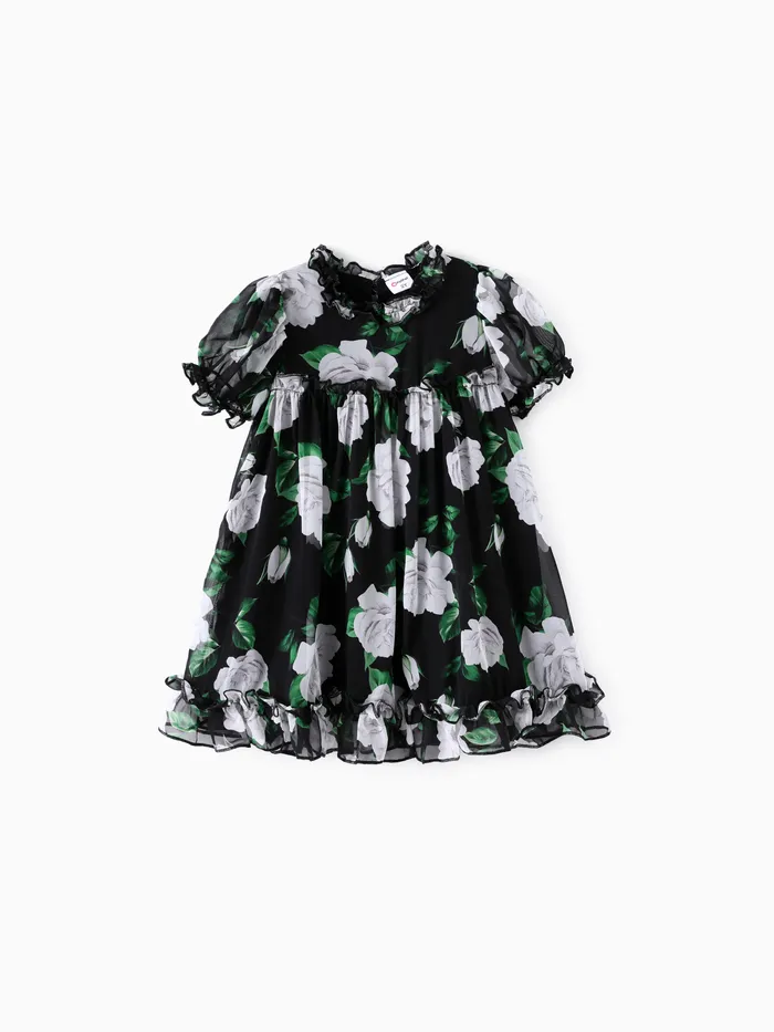 Toddler Girl Sweet Floral Print Mesh Ruffled Dress