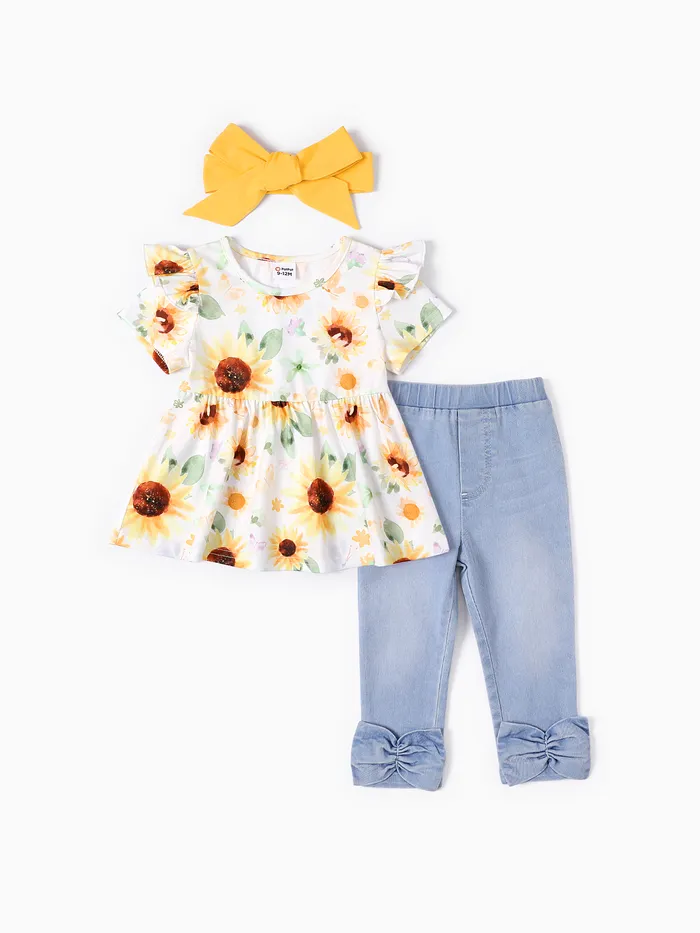 Bebê menina 3pcs refrescante denim floral print top e jeans com headband set