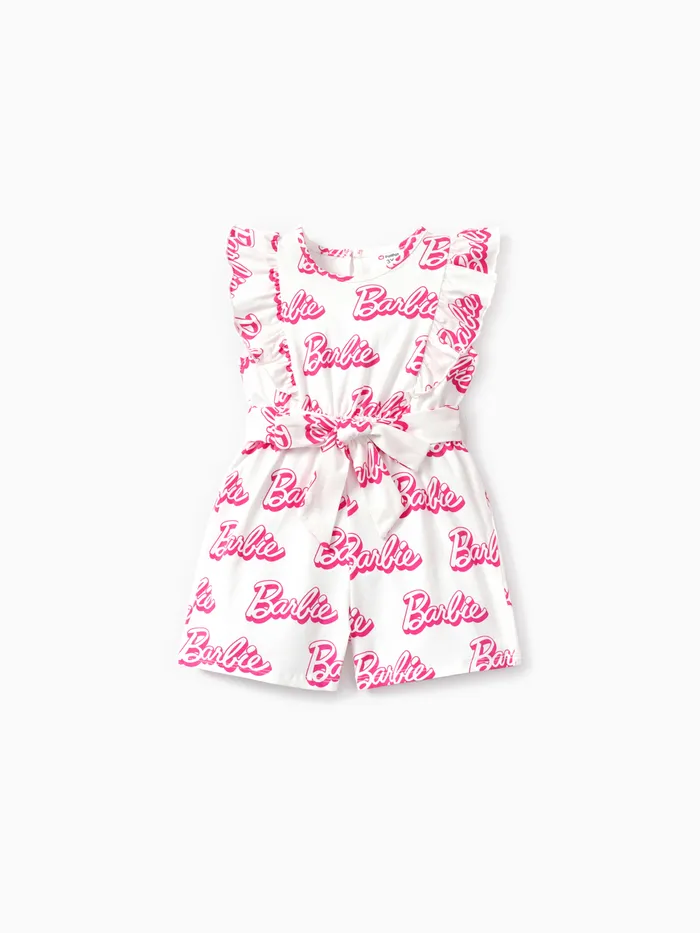 Barbie Toddler Girl Cotton Letter Print Ruffled Belted Rompers