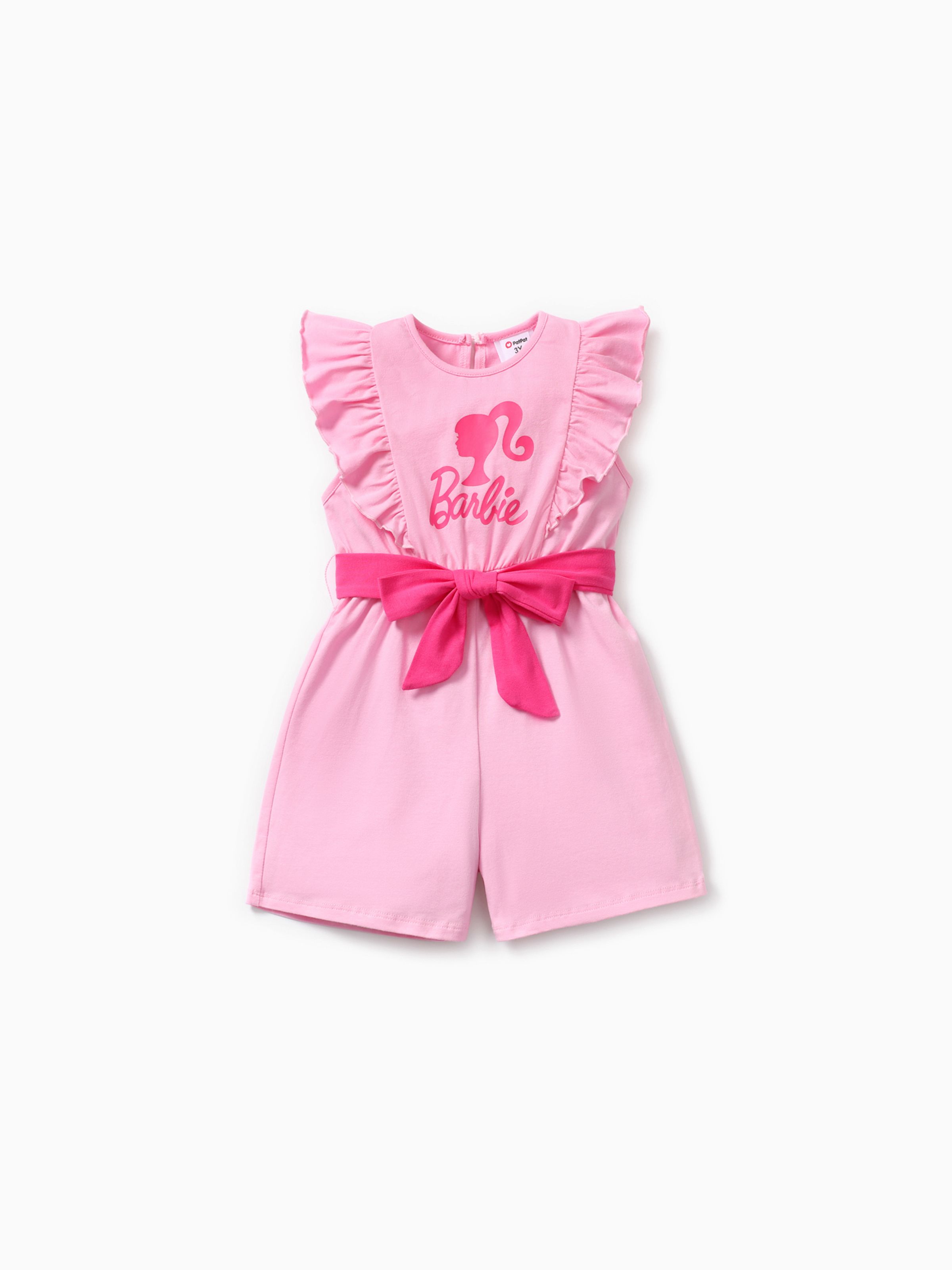

Barbie Toddler Girl Cotton Letter Print Ruffled Belted Rompers