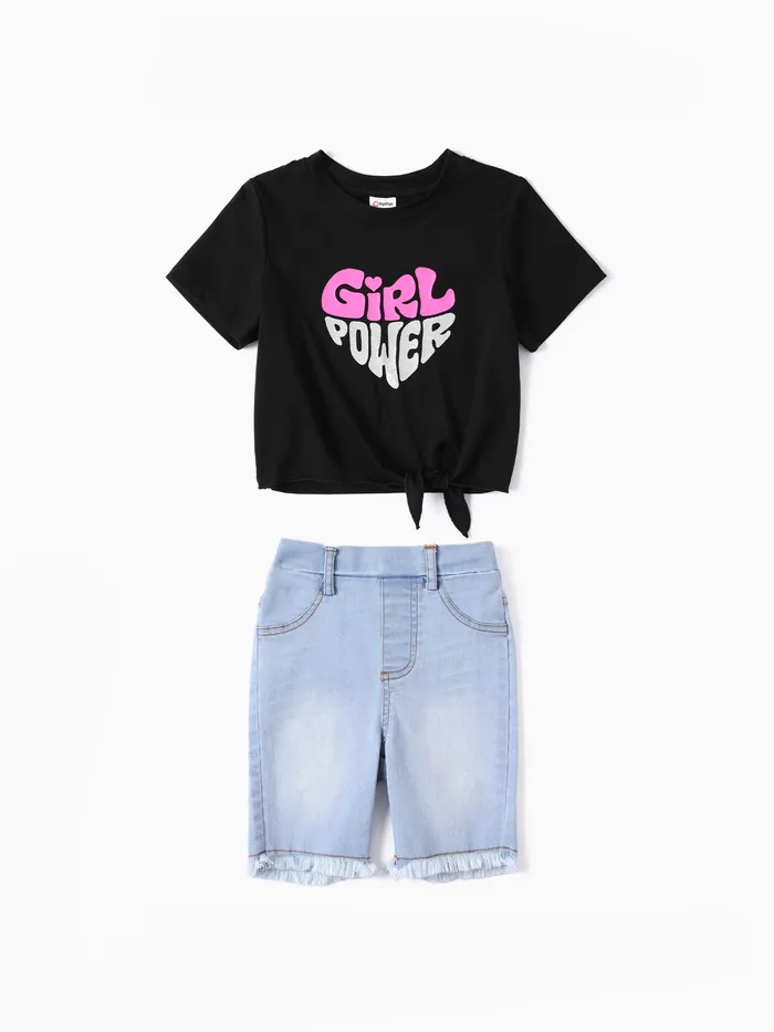 Kleinkind Mädchen 2pcs Cooling Denim Brief Print T-Shirt und Shorts Set