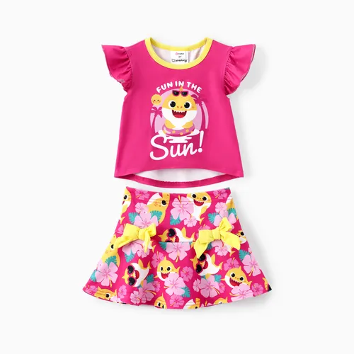 Baby Shark Toddler Girls 2pcs Floral Print Flutter-sleeve Top avec Bowknot Skirt Set