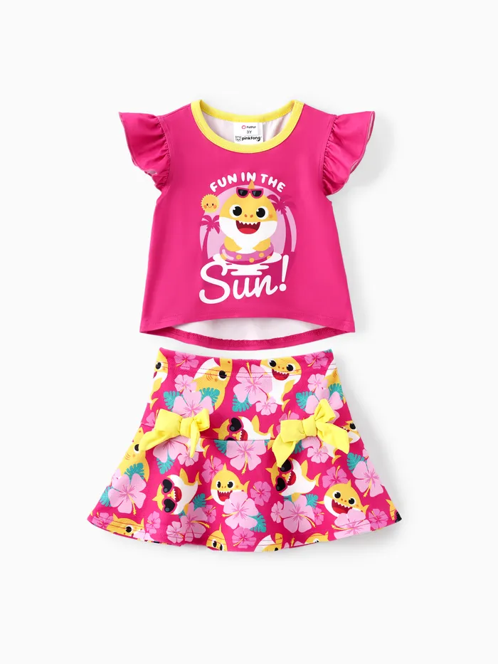 Baby Shark Toddler Girls 2pcs Floral Print Flutter-sleeve Top avec Bowknot Skirt Set