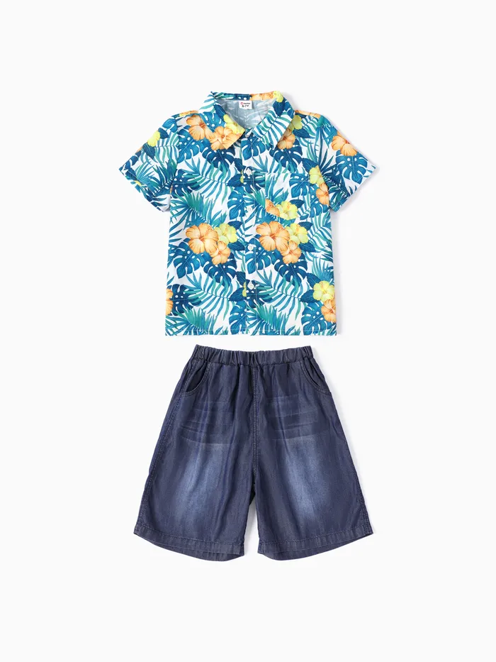 Kid Boy 2pcs Tropical Plant Print Shirt e Cooling Denim Shorts Set
