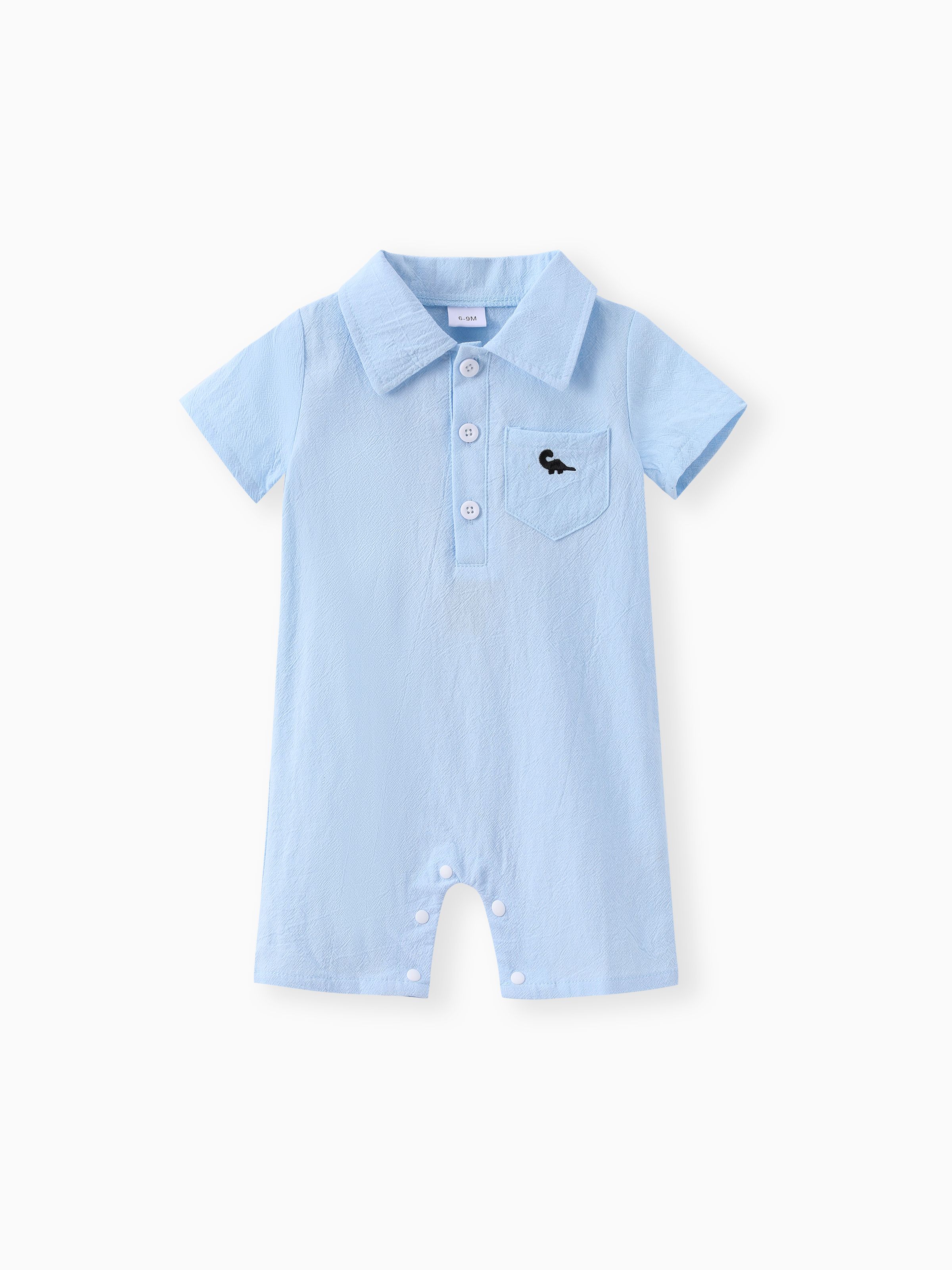 

Baby Boy 100% Cotton Front Buttons Pocket with Dinosaur Pattern Lapel Neck Solid Jumpsuit
