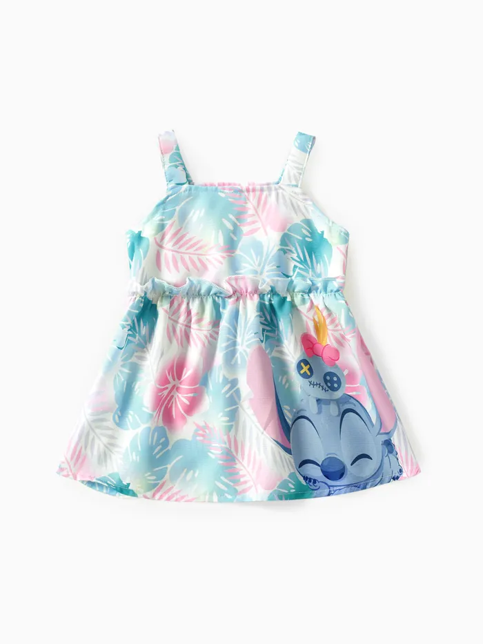 Disney Stitch Baby Girls 1pc Tropical Flower Print Ruffle Sleeveless Dress