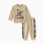 2pcs Baby Boy/Girl Long-sleeve Plaid Print Bear Embroidered Sweatshirt and Sweatpants Set LightKhaki