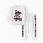 2pcs Baby Boy/Girl Long-sleeve Plaid Print Bear Embroidered Sweatshirt and Sweatpants Set OffWhite