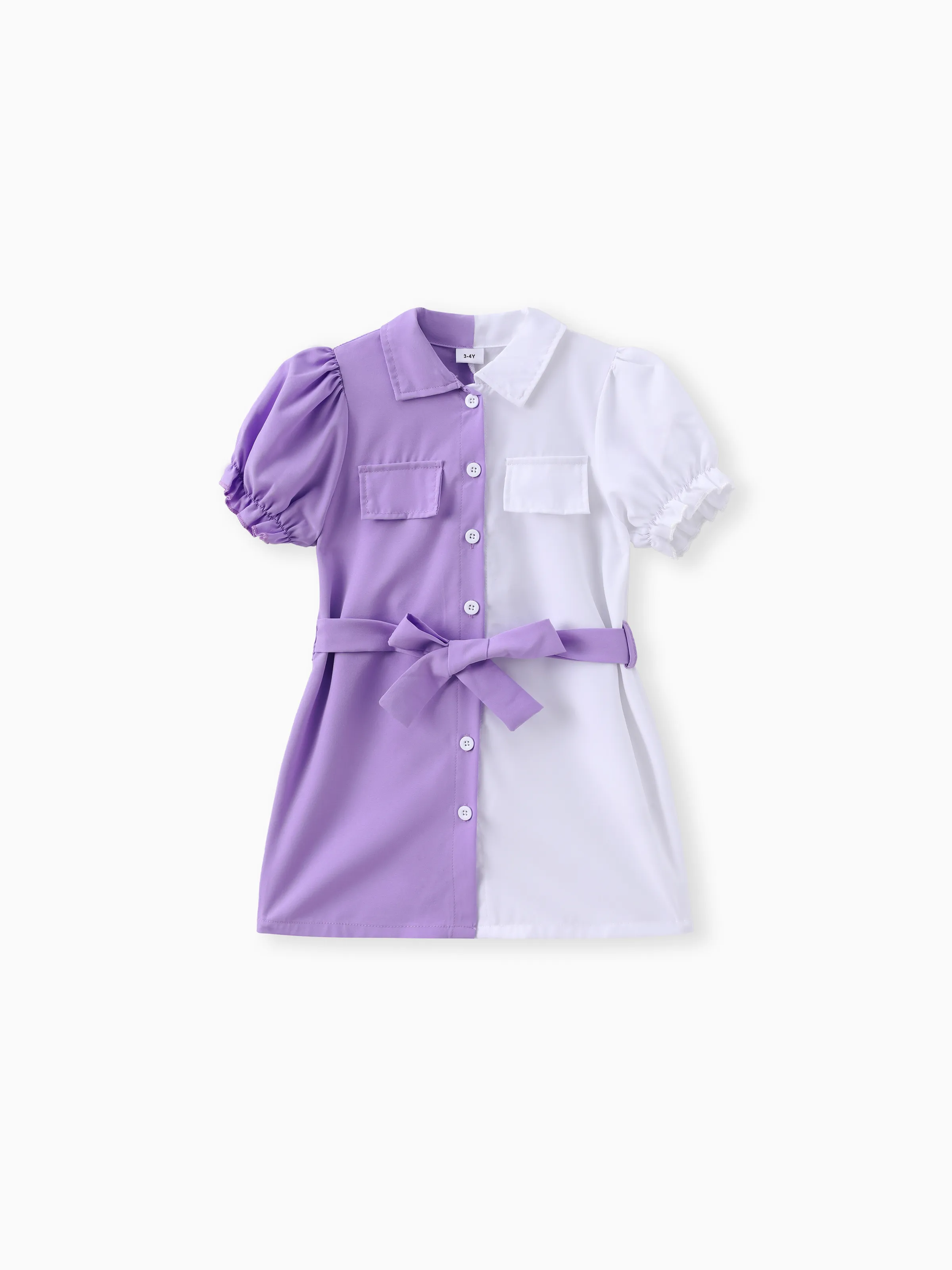 

Toddler Girl Elegant Lapel Collar Colorblock Belted Dress