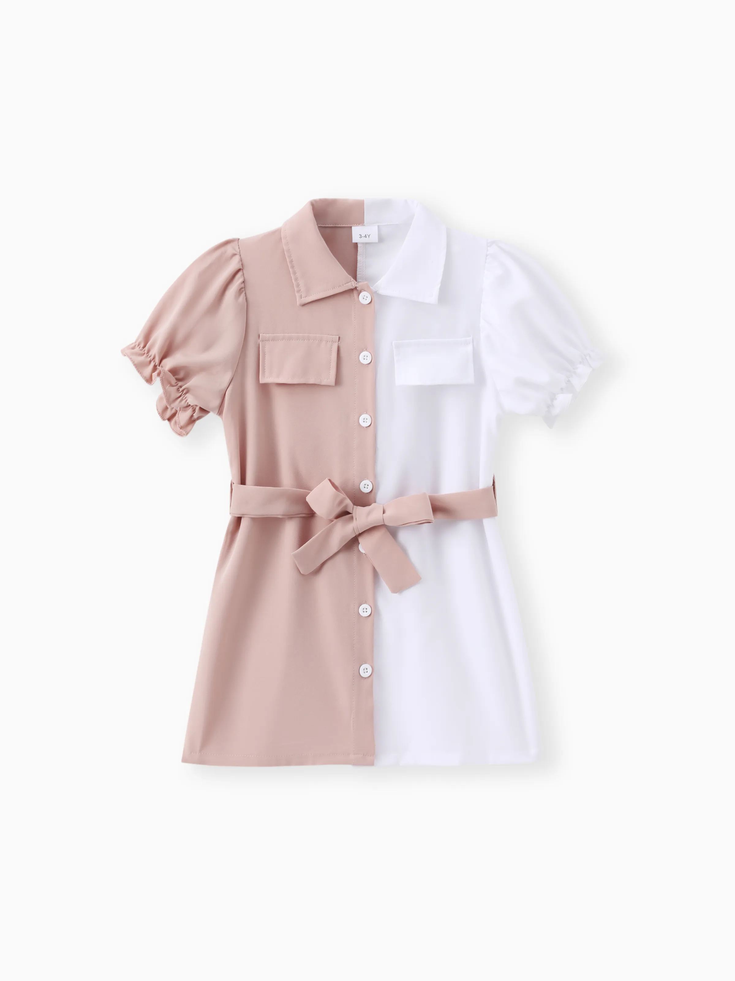 

Toddler Girl Elegant Lapel Collar Colorblock Belted Dress