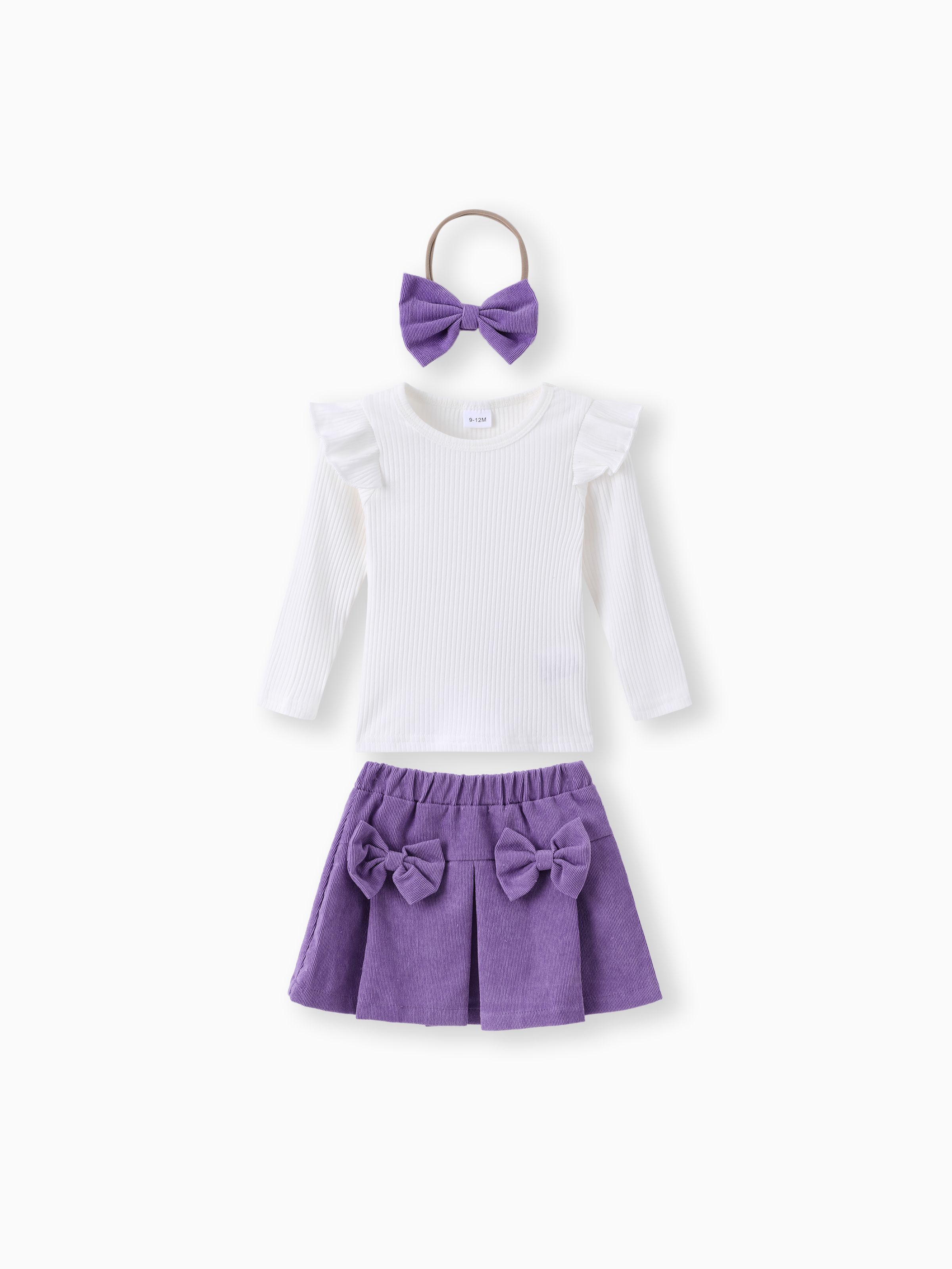 

3pcs Baby Girl 95% Cotton Ribbed Ruffle Long-sleeve Top and Bow Front Skirt & Headband Set