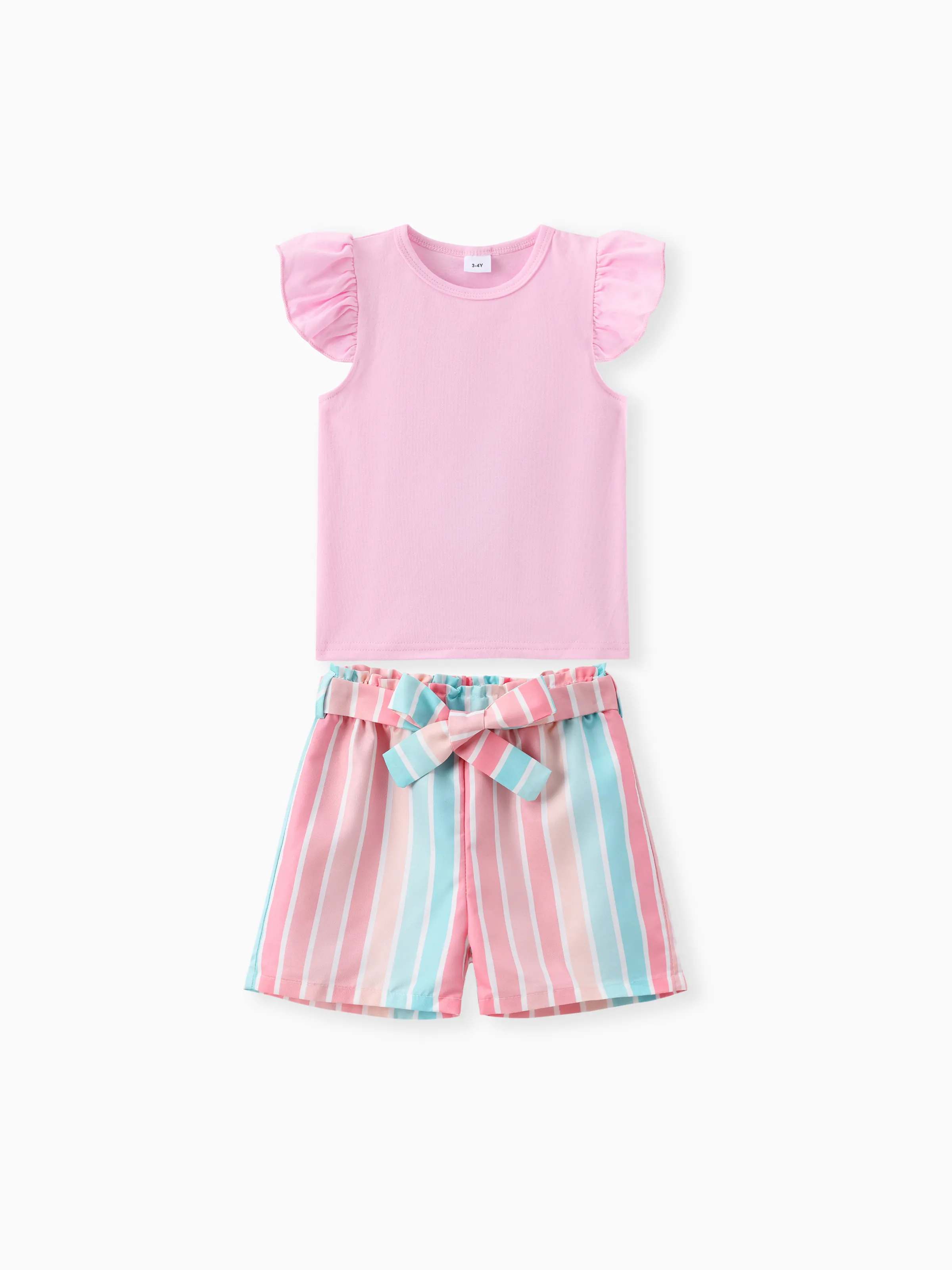 2pcs Toddler Girl Sweet Flutter-sleeve Tee and Stripe Belted Shorts Set