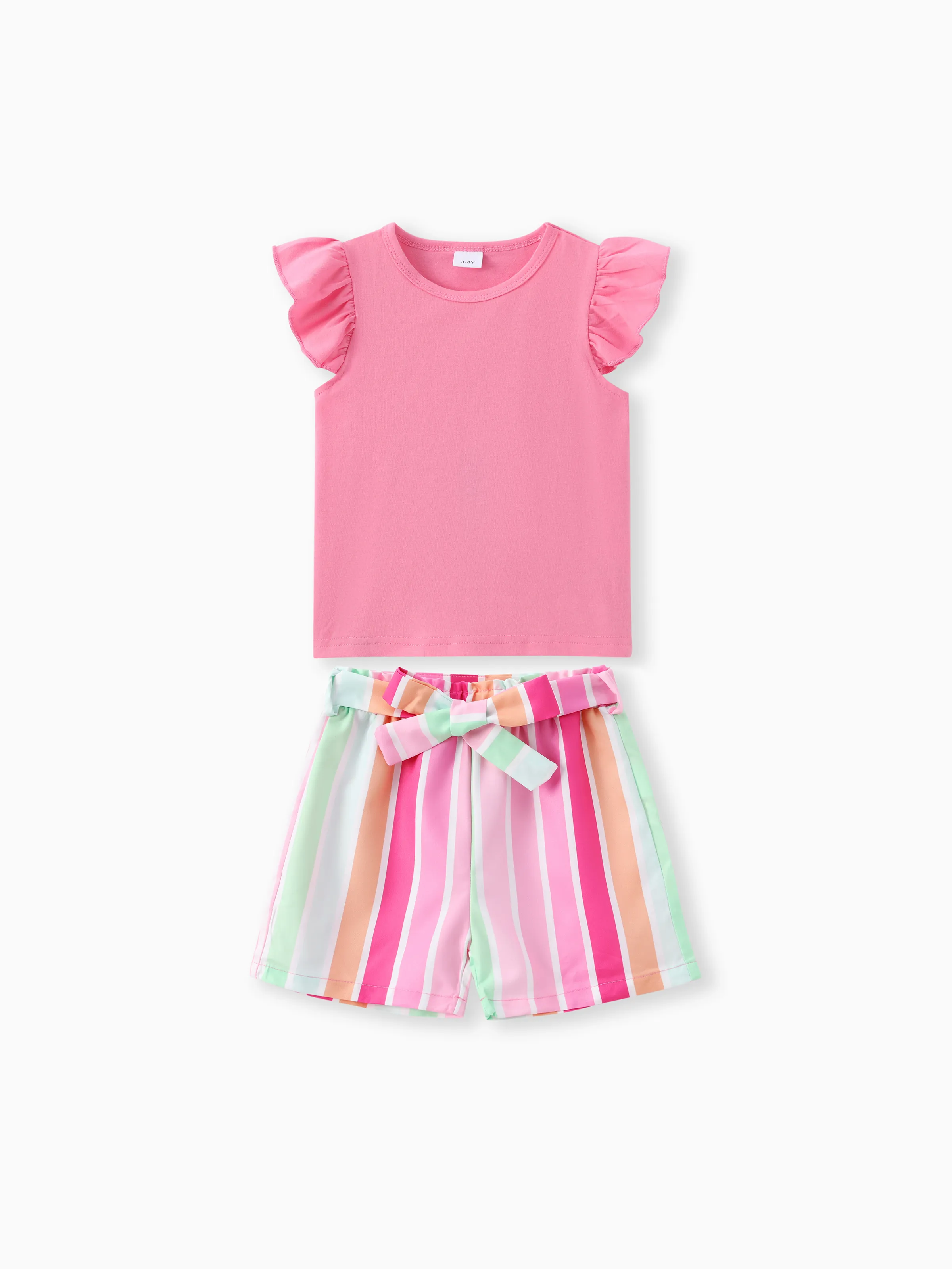 

2pcs Toddler Girl Sweet Flutter-sleeve Tee and Stripe Belted Shorts Set