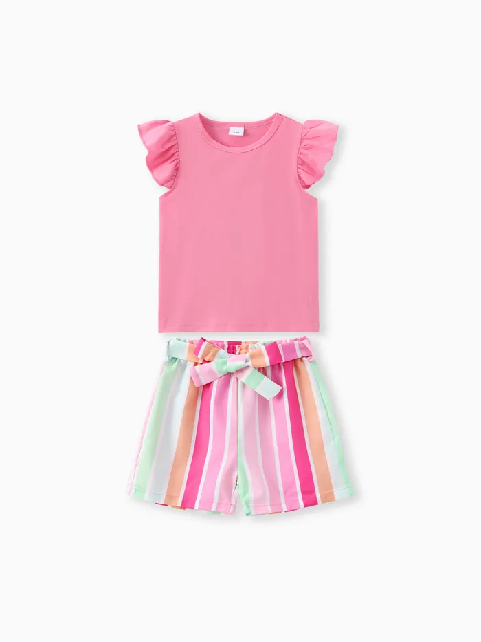2pcs Toddler Girl Sweet Flutter-sleeve Tee and Stripe Belted Shorts Set