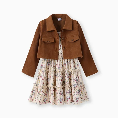 2pcs Toddler Girl Buttons Front Long-sleeve Jacket and Allover Floral Print Ruffle Slip Dress Set