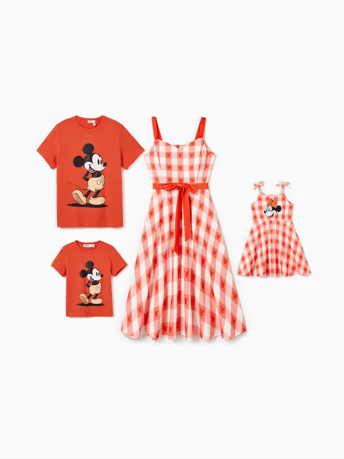 Disney Mickey and Friends Family Matching Cotton Grid/Houndstooth Character Print Tee/Sleeveless Dress