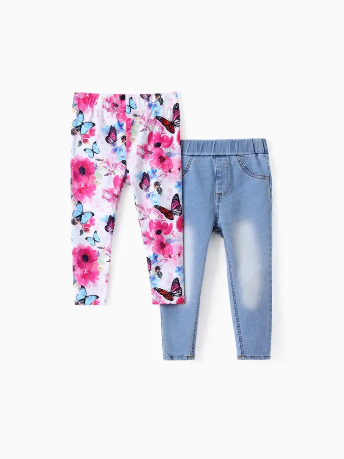 Toddler/Kid Girl 2pcs Floral Print Leggings ＆Solid Denim Jeans Set