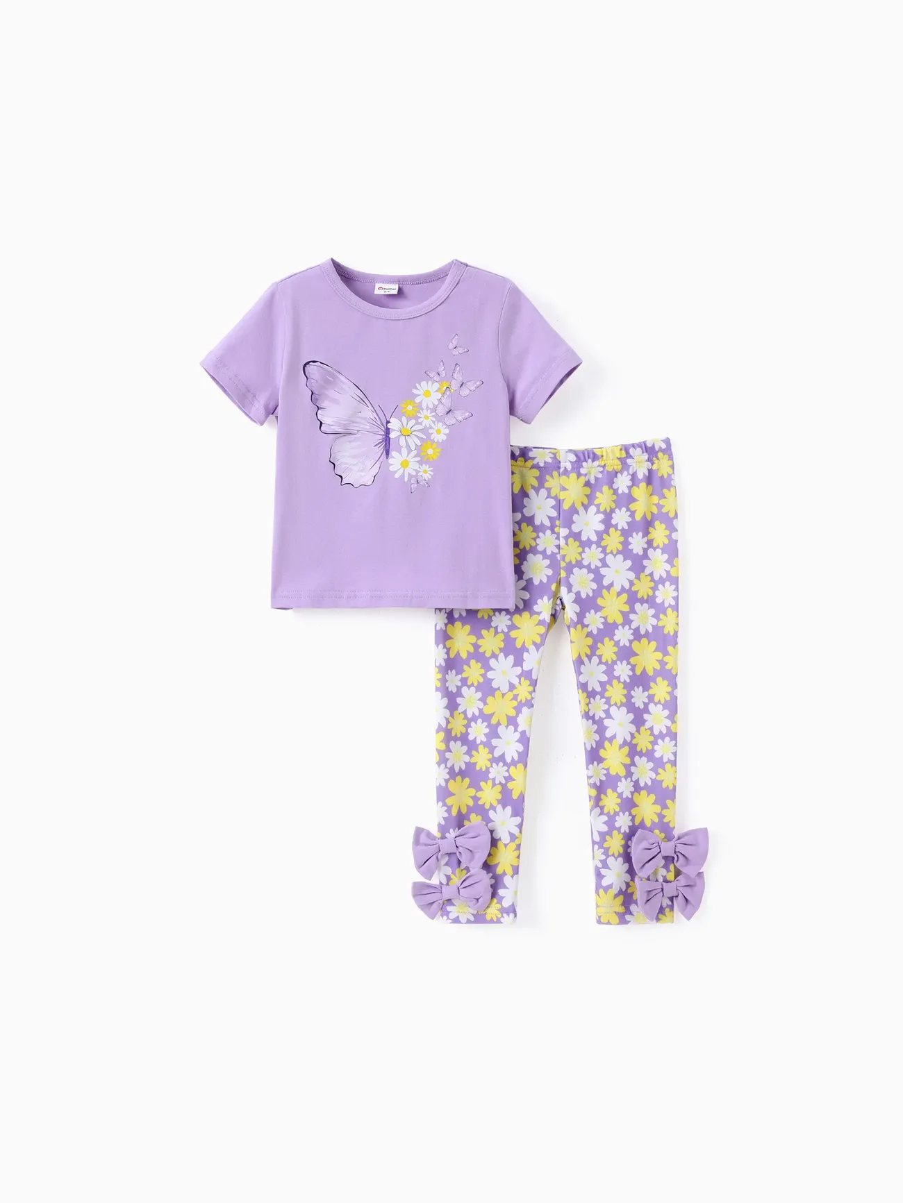 Niño pequeño / niña 2pcs Camiseta con estampado de mariposa dulce y conjunto de leggings de margarita pequeña Púrpura big image 1