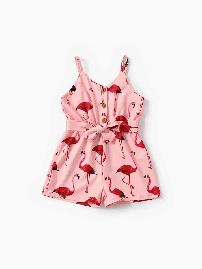 Toddler Girl Flamingo Print Button Design Belted Cami Jumpsuit