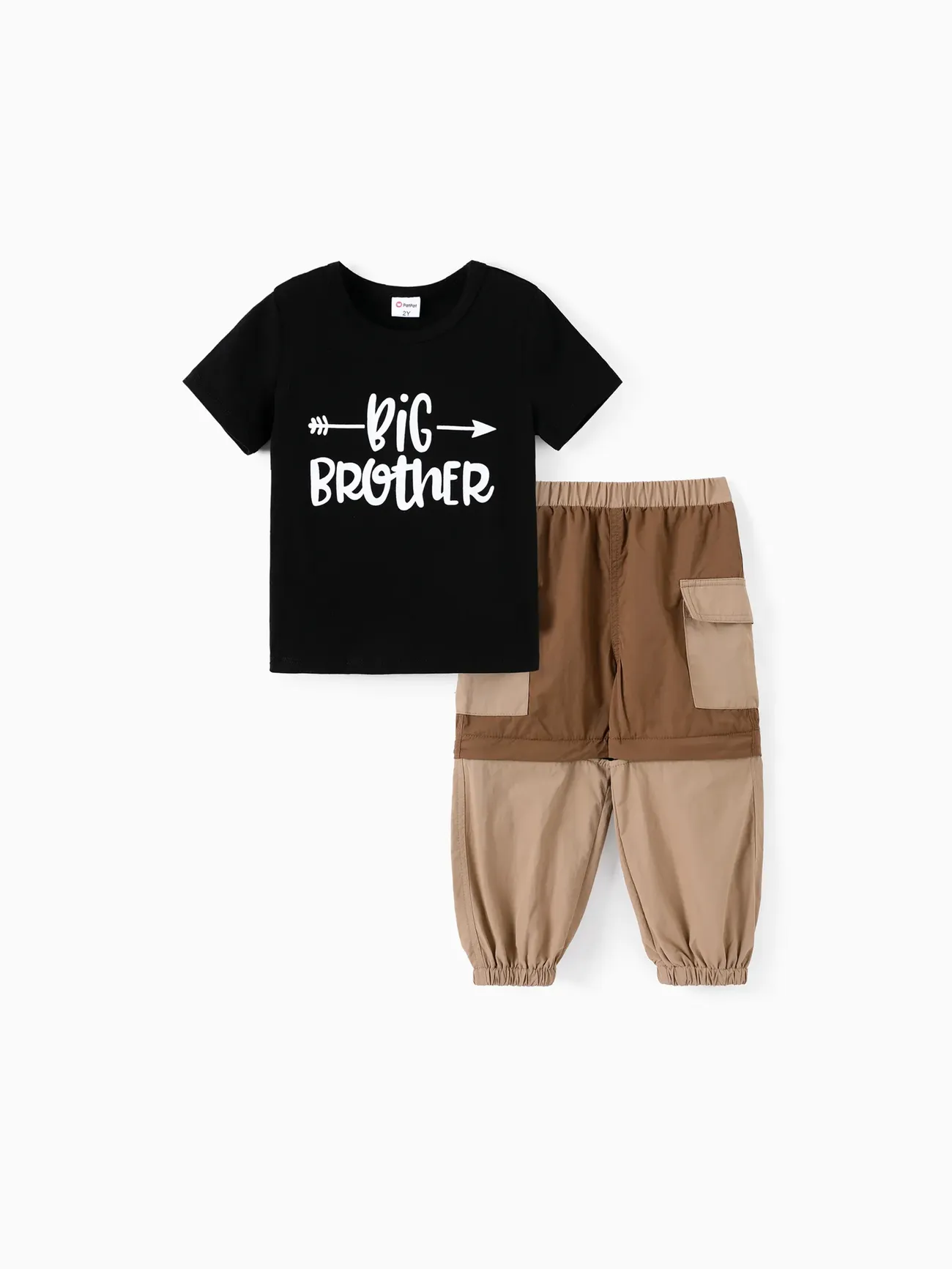 Toddler/Kid Boy 2pcs Letter Print Tee and Dirt-proof Detachable Cargo Pants Set Brown big image 1