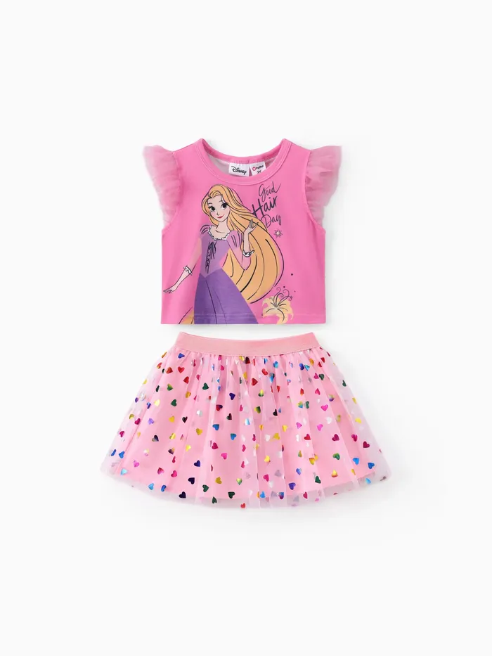 Disney Princess Toddler / Kid Girls Ariel / Rapunzel 2pcs Naia™ Blusa de mangas onduladas con corazones coloridos / escamas de sirena Print Mesh Skirts Set