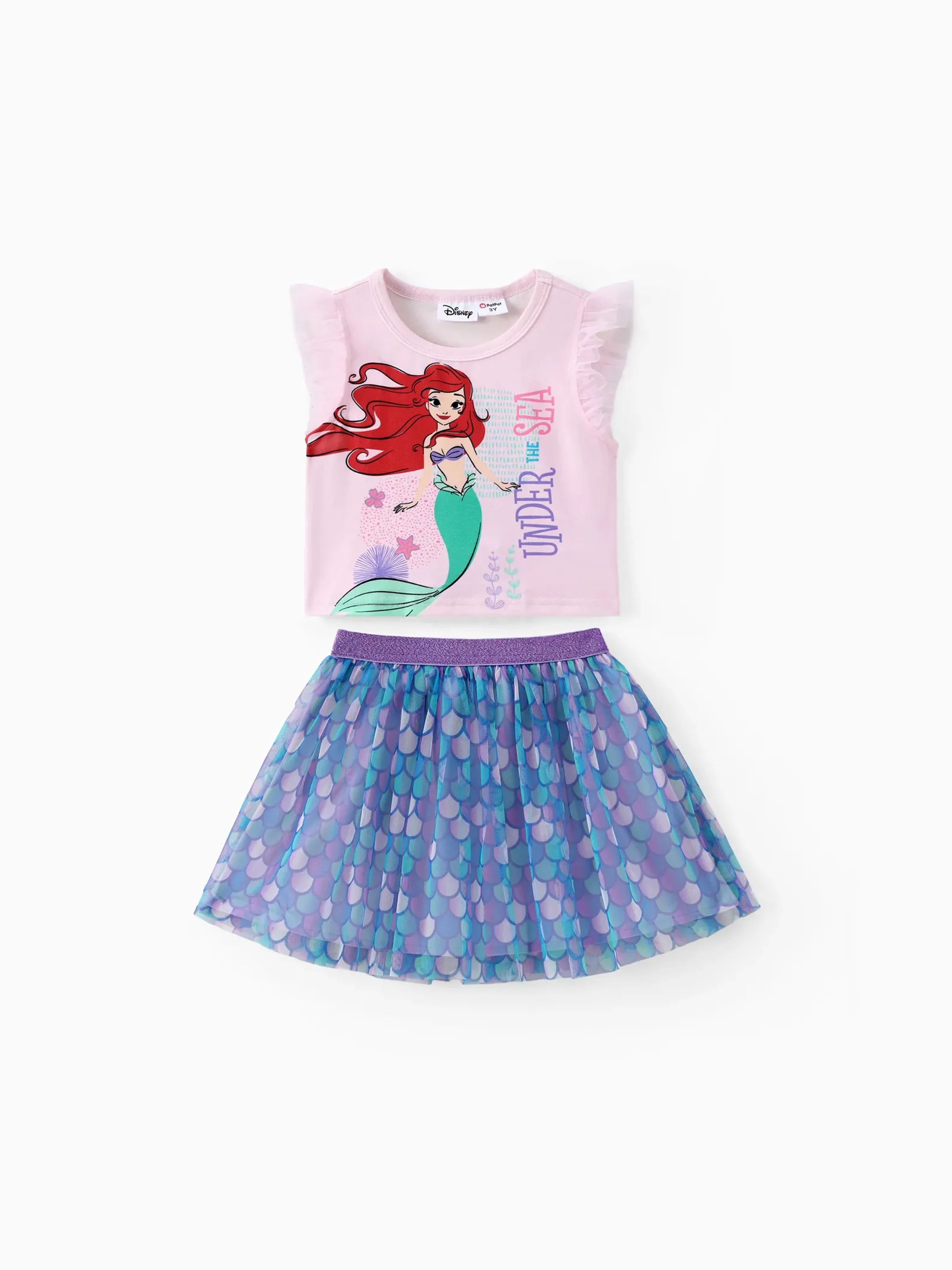 Disney Princess Toddler / Kid Girls Ariel / Rapunzel 2pcs Naia™ Blusa de mangas onduladas con corazones coloridos / escamas de sirena Print Mesh Skirts Set