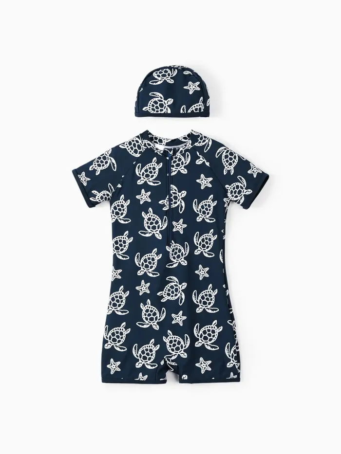 兒童男孩/女孩 2 件海洋動物印花泳衣帶泳帽