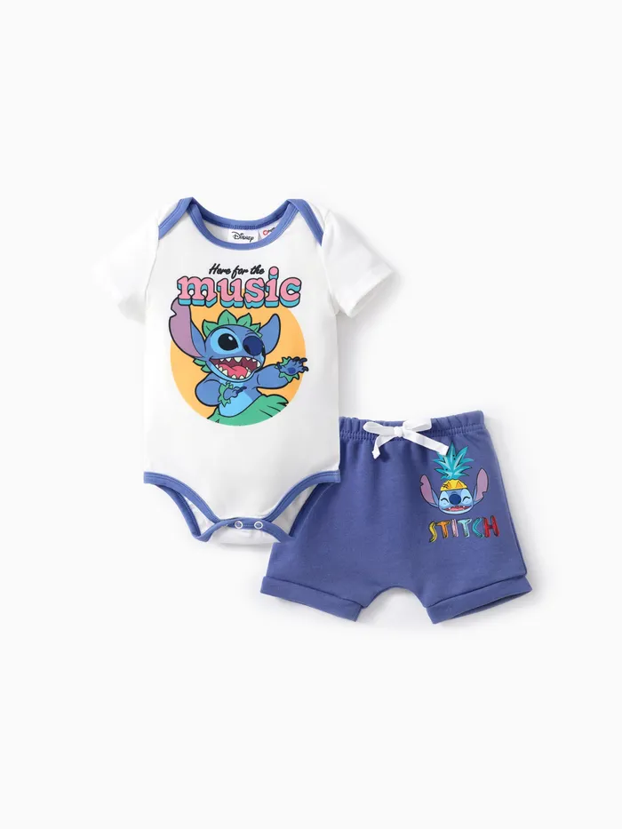 Disney Stitch Bebé Niño/Niña 2pcs Naia™ Hawaii-tema Personaje Estampado Onesie con Conjunto de Pantalones Cortos de Algodón