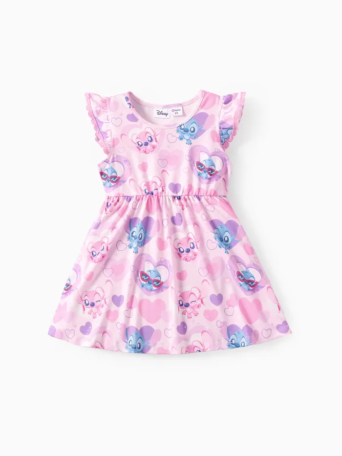 Disney Stitch Kleinkind Mädchen 1 Stück Naia™ Charakter Allover-Print Rüschenärmel Kleid