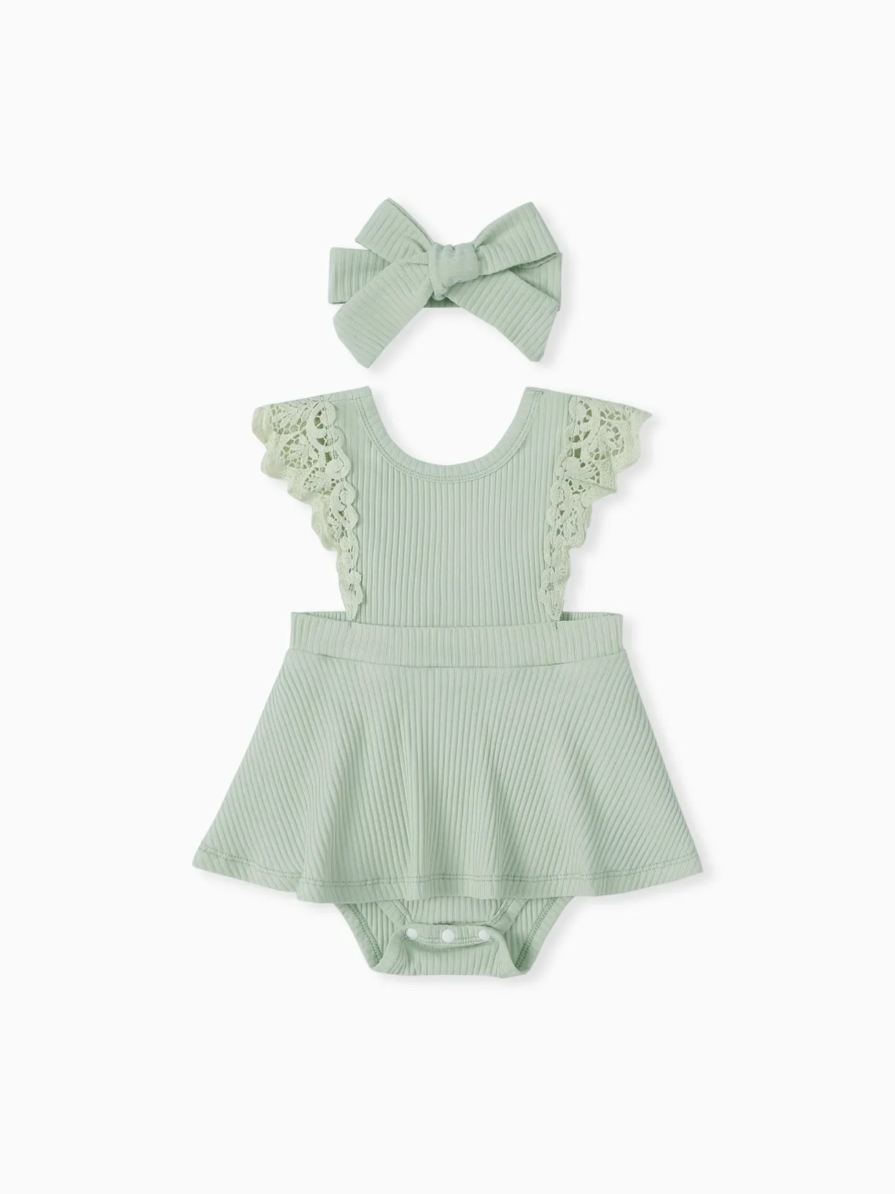2pcs Baby Girl 95% Cotton Lace Flutter-sleeve Solid Ribbed Romper with Headband Set Green big image 1