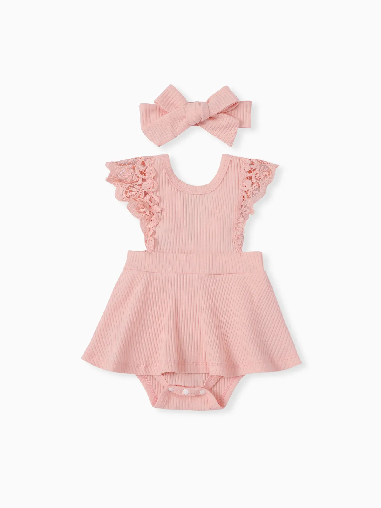 2pcs Baby Girl 95% Cotton Lace Flutter-sleeve Solid Ribbed Romper with Headband Set Pink big image 1