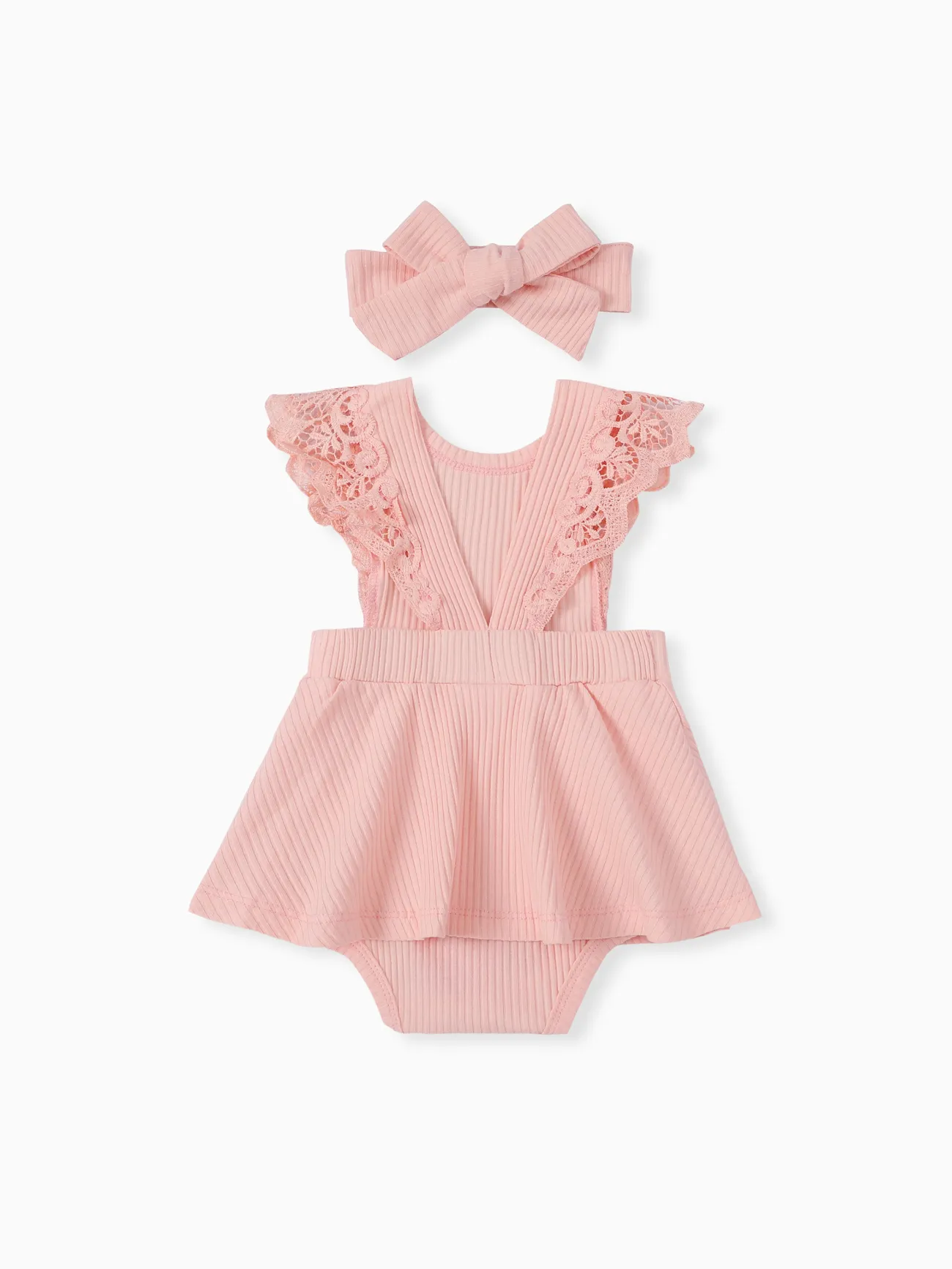 2pcs Baby Girl 95% Cotton Lace Flutter-sleeve Solid Ribbed Romper with Headband Set Pink big image 1