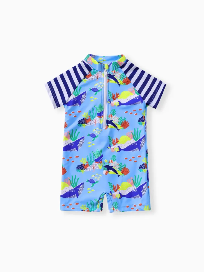 Baby Boy Allover Ocean Animal Print Striped Raglan-sleeve One-piece Swimsuit