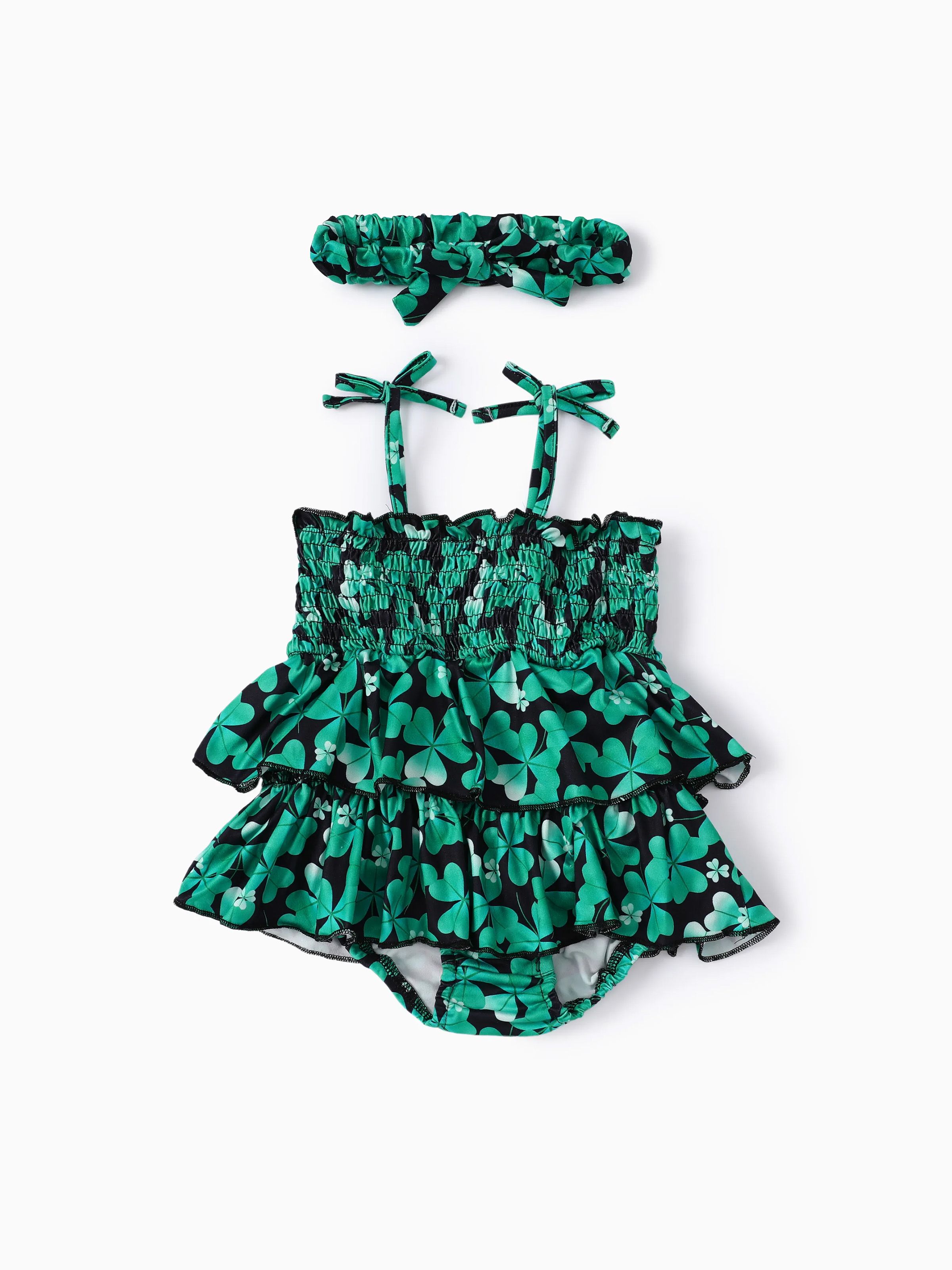 

Baby Girl St. Patrick's Day 2pcs Green Clover Print Ruffled Romper with Headband