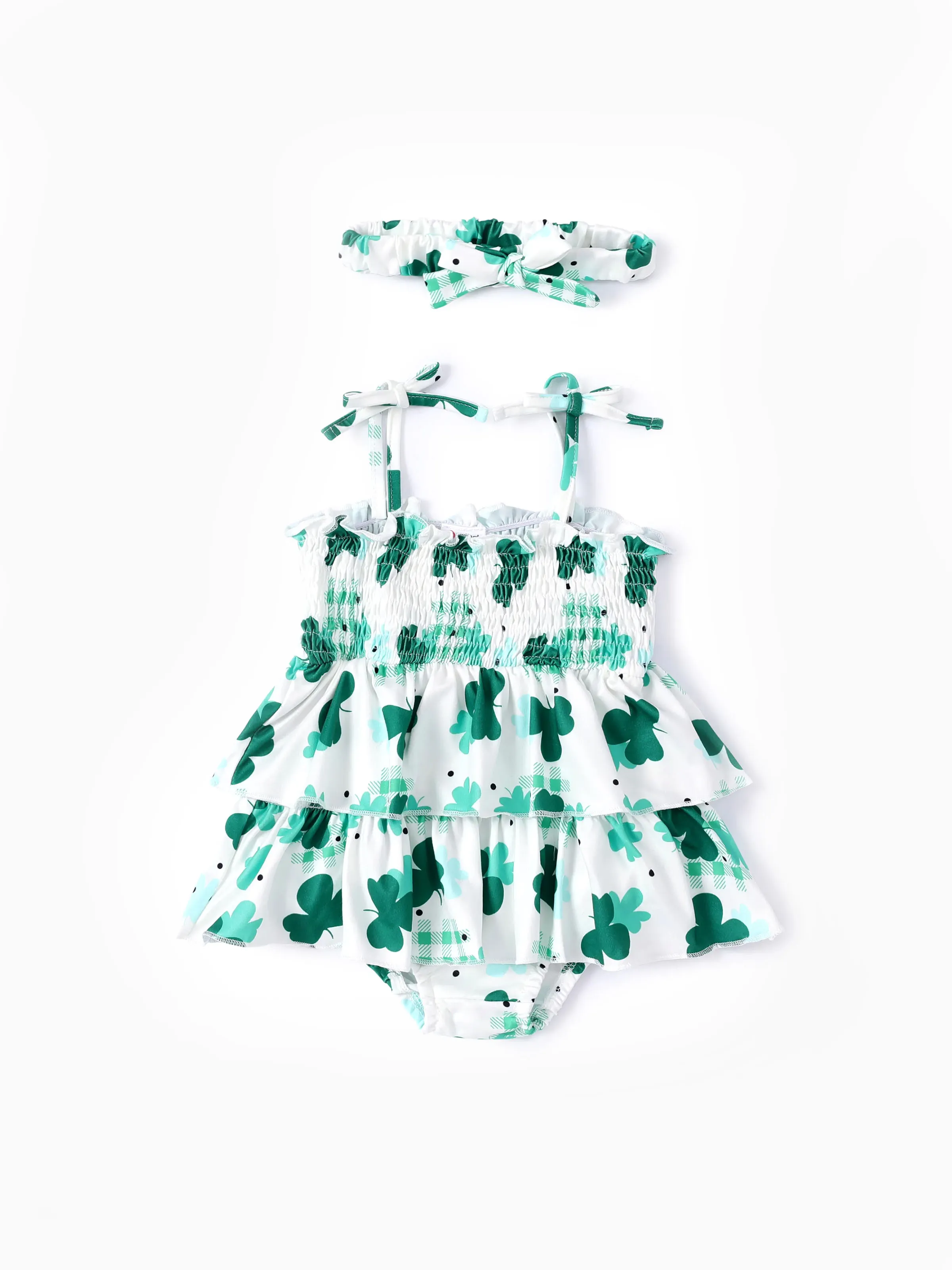 

Baby Girl St. Patrick's Day 2pcs Green Clover Print Ruffled Romper with Headband