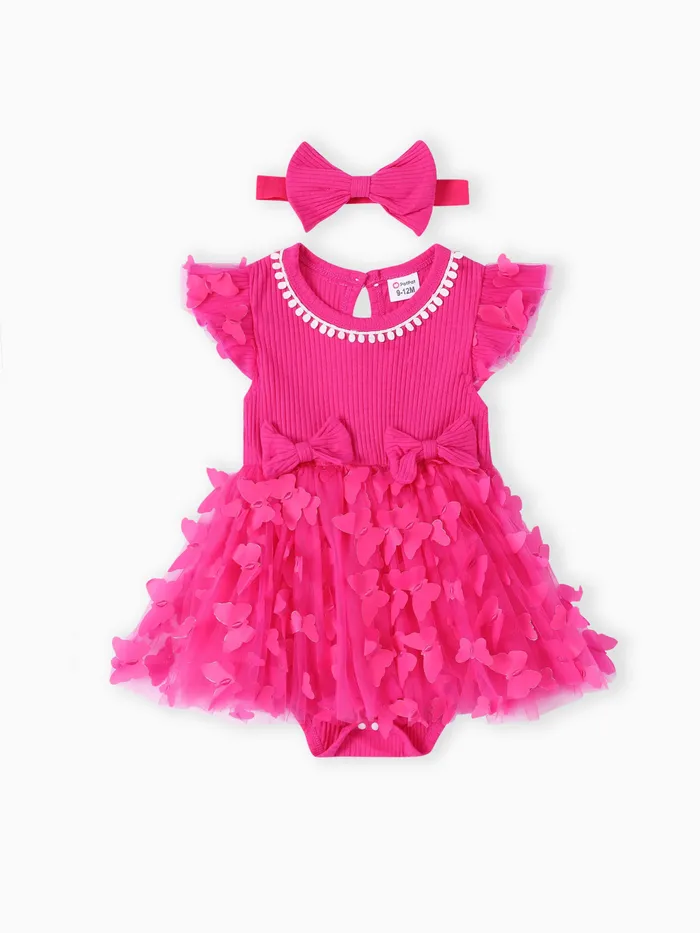 Sweet Baby Girl 2pcs Mesh Cotton Dress Set in Solid Pink with Butterfly and Ruffle Edge