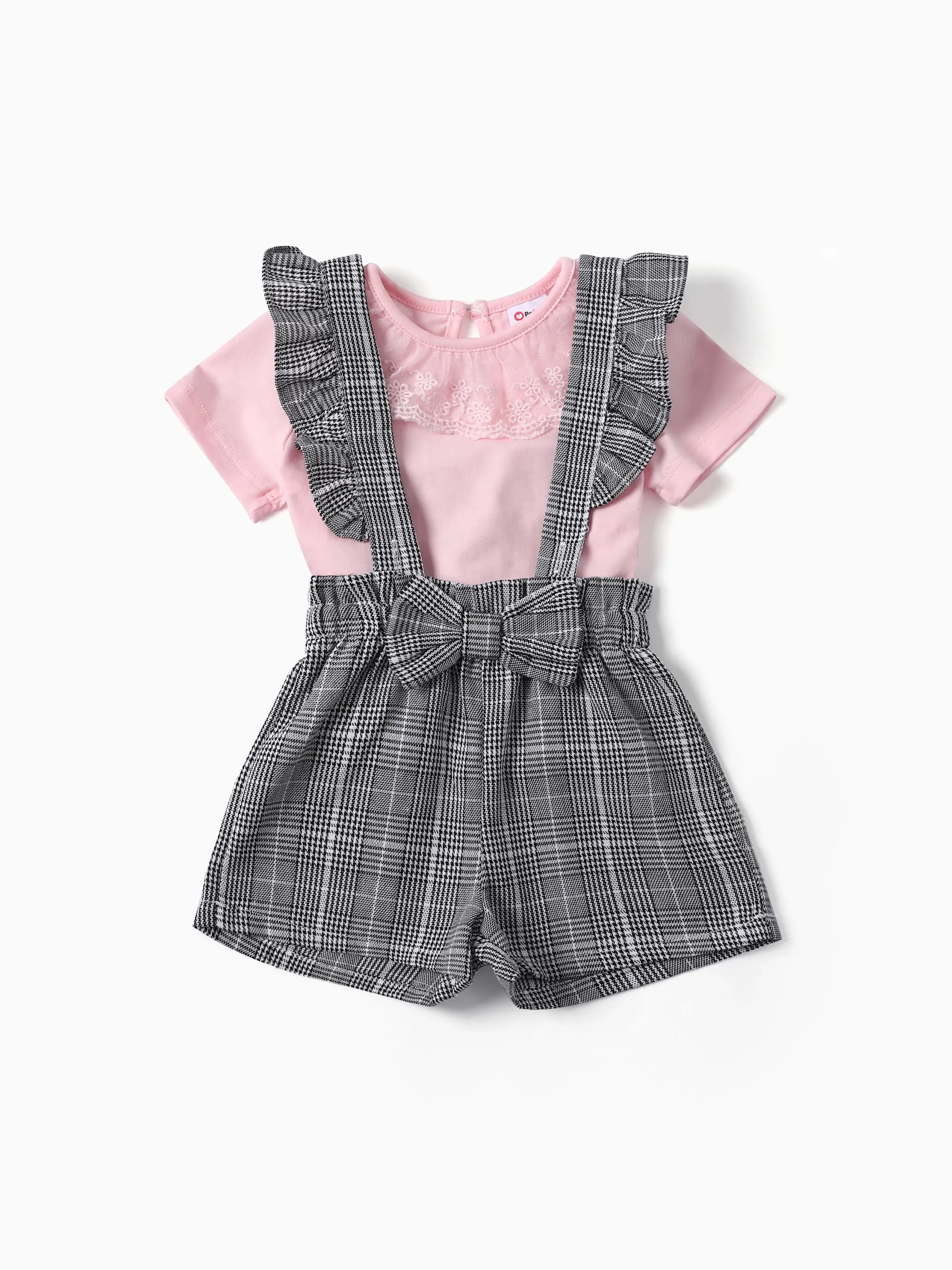 2pcs Baby Girl Grid/Houndstooth Ruffle Edge Set