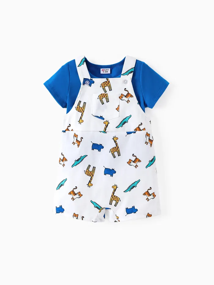 Baby Boy 2pcs Childlike Solid Tee and Animal Pattern Overalls Set