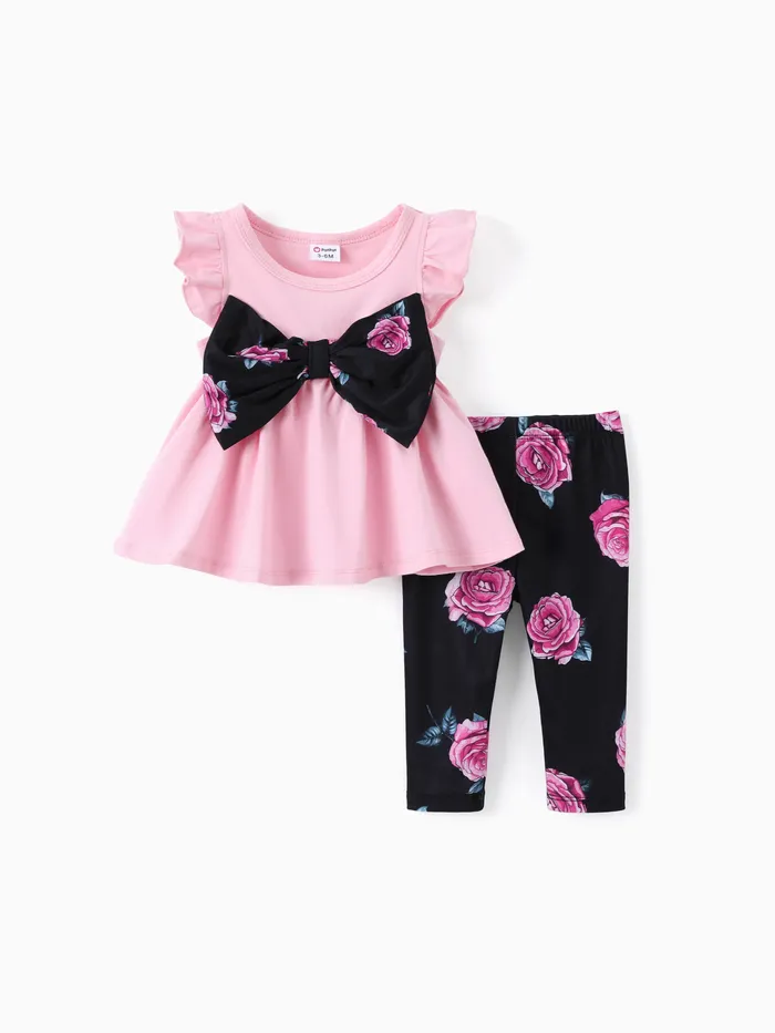 2 件嬰兒/幼兒女孩甜美蝴蝶結飄袖上衣和花卉印花緊身褲套裝