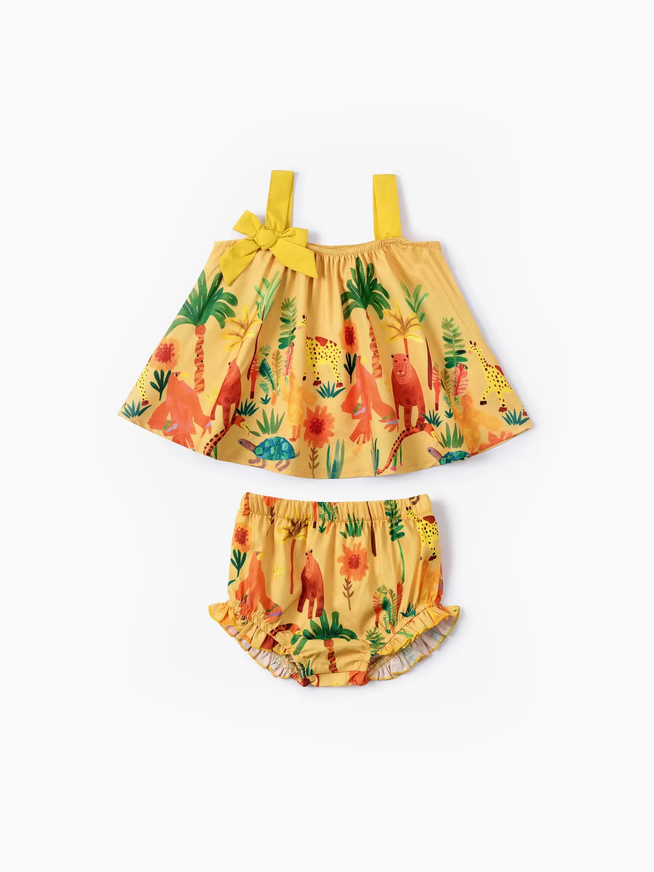 2pcs Baby Girl Sweet Animal Pattern Hanging Strap Bodysuit Set Yellow big image 1