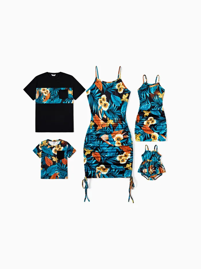 Family Matching Floral Panel T-shirt and Floral Ruched Drawstring Side Strap Dress Sets