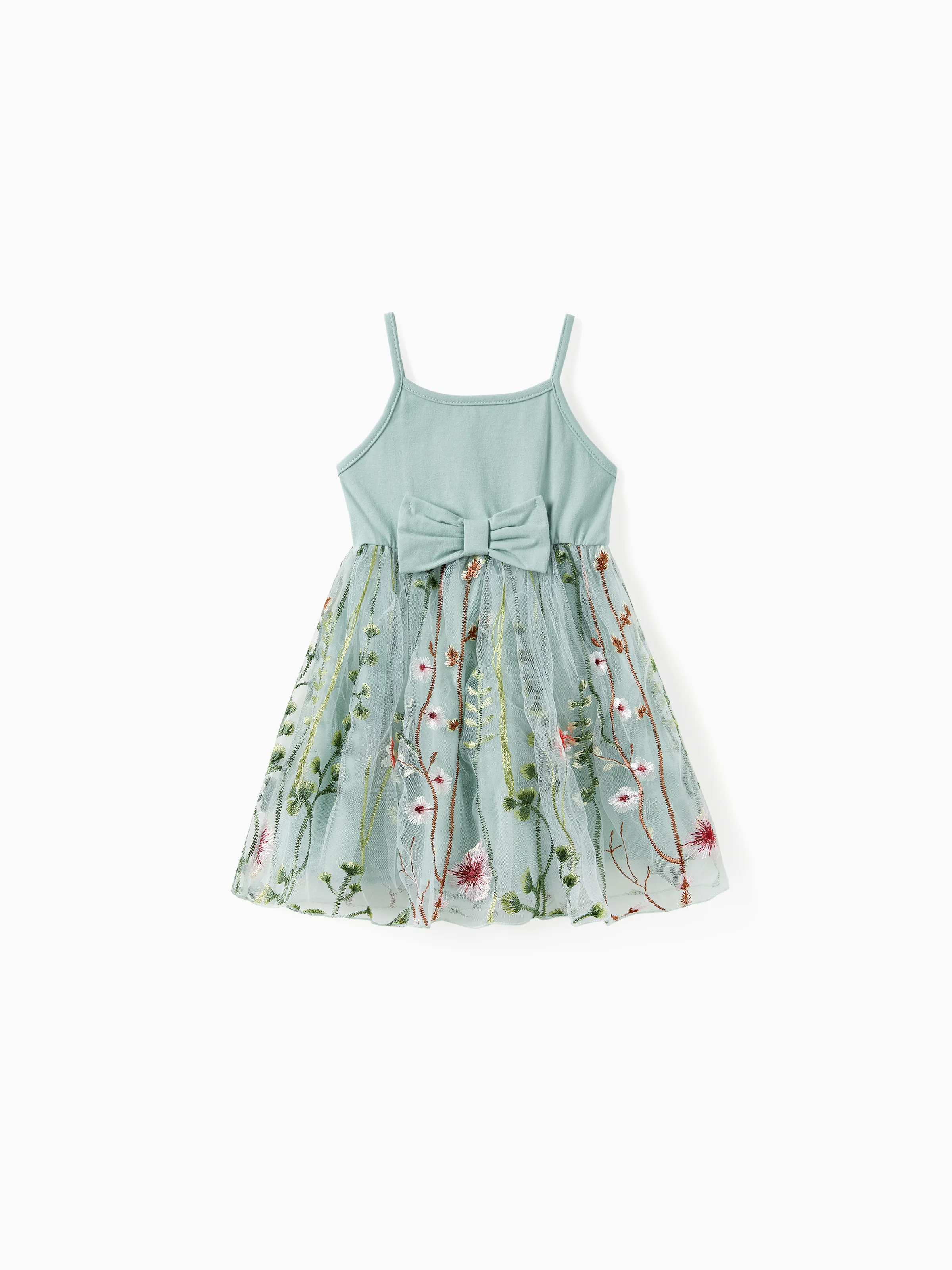 

Family Matching Solid Color/ Raglan Sleeves Tee and Cami Embroidered Tulle Strap Dress Sets