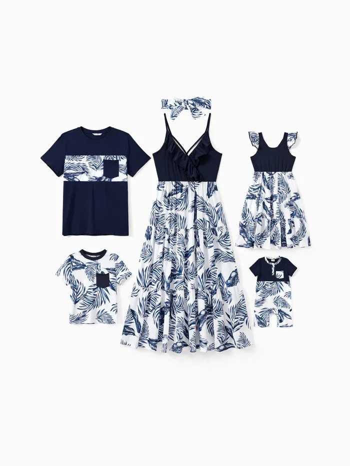 Familien Outfits Freizeit Blume dunkelblau Badeanzugkragen Ärmellos Normale Schulter Matching Sets