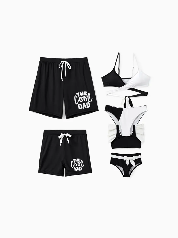 UPF50+ Familie Passender Badeanzug mit Buchstabendruck und Kordelzug Badehose oder Farbblock-Bikini (Sonnenschutz)