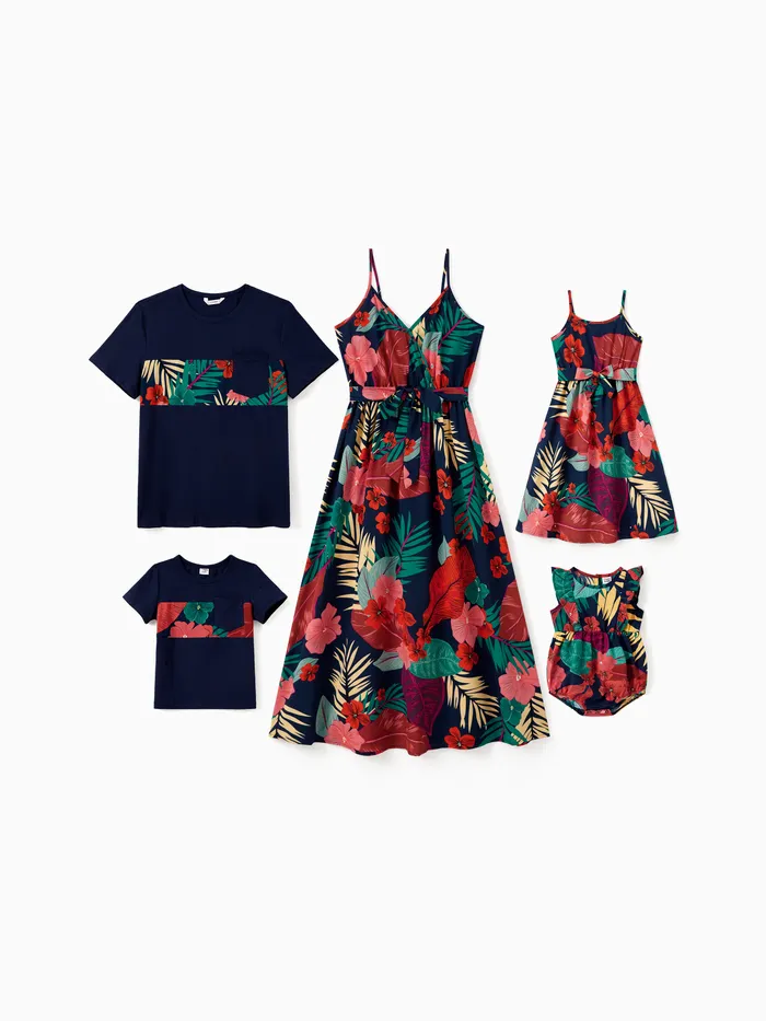 Family Matching Sets Floral Panel Black tee and V-neck Strap Dress with Hidden Snap 