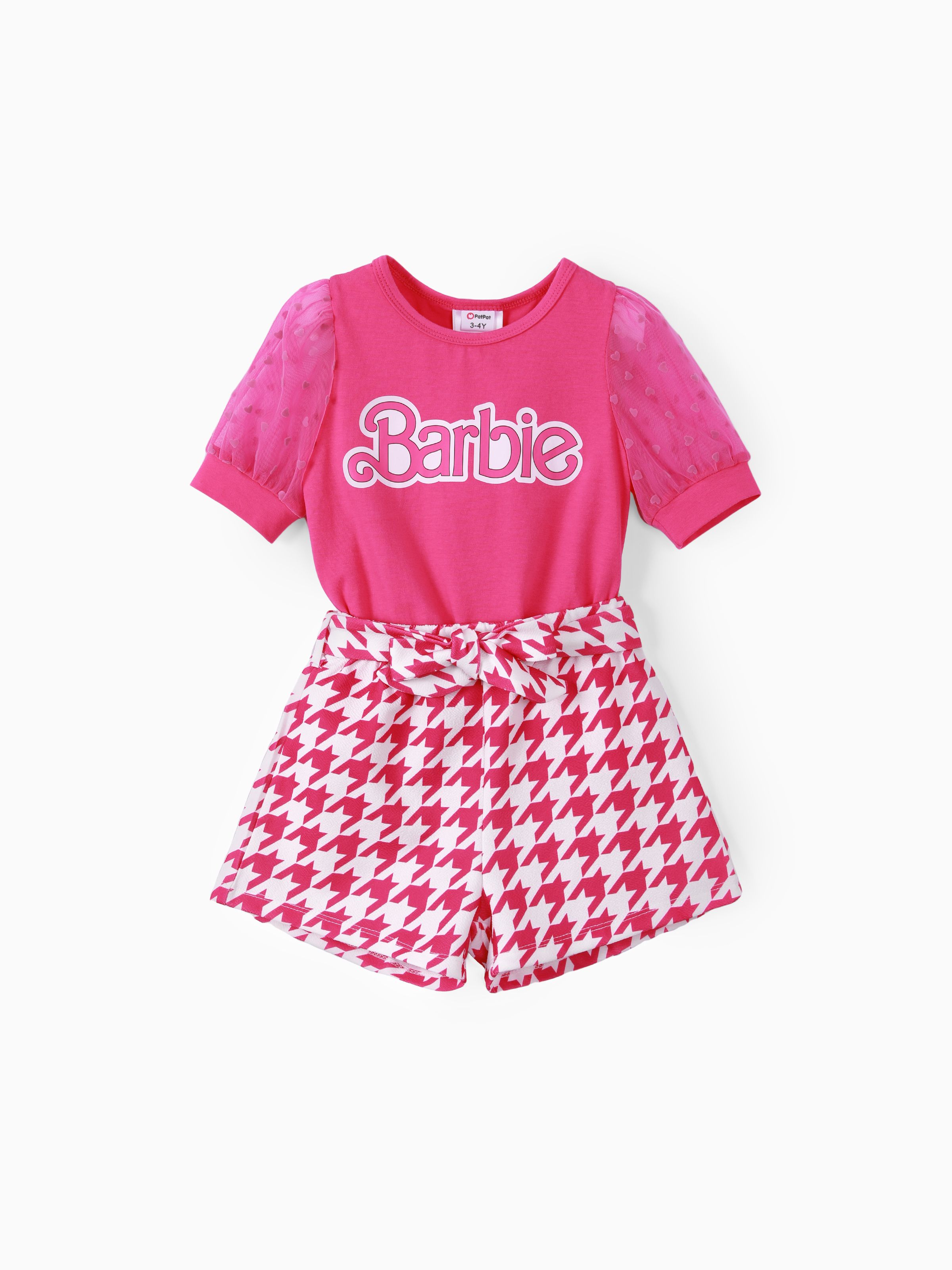 芭比娃娃 2 件幼兒/兒童女孩格子/格子泡泡袖蝴蝶結套裝