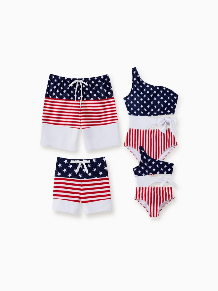 Independence Day Family Matching Color Block Drawstring Swim Trunks or American Flag One Shoulder Tie Waist One-Piece Swimsuit