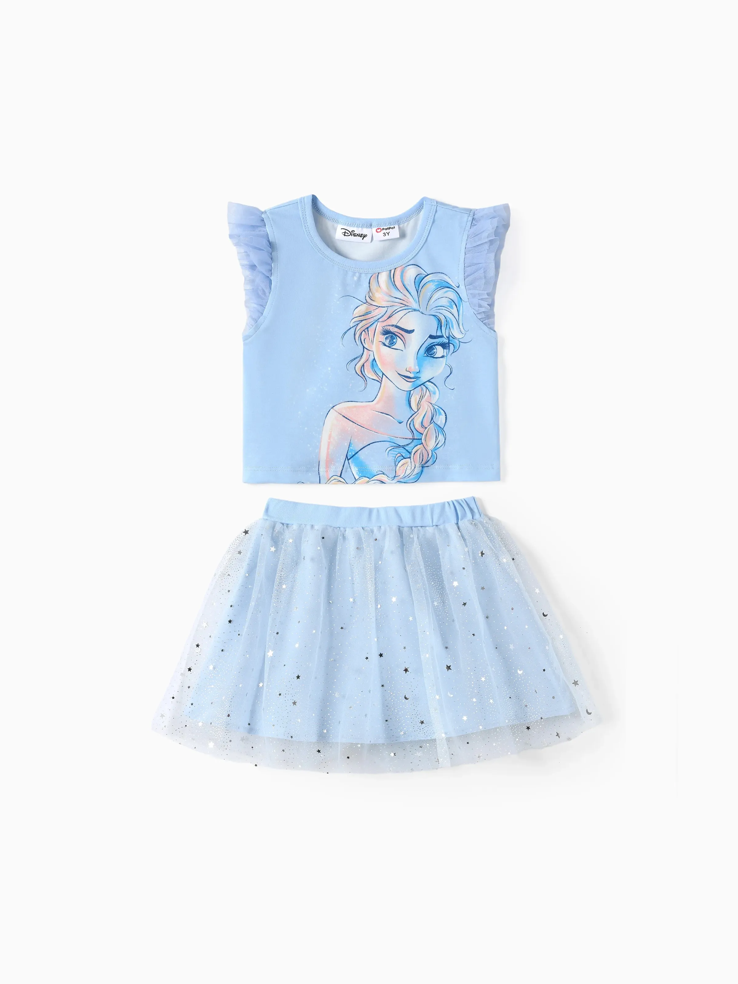 迪士尼冰雪奇緣幼兒女孩 Elsa/Anna/Olaf 2 件 Naia™ 角色印花多層荷葉邊上衣帶網眼半身裙套裝